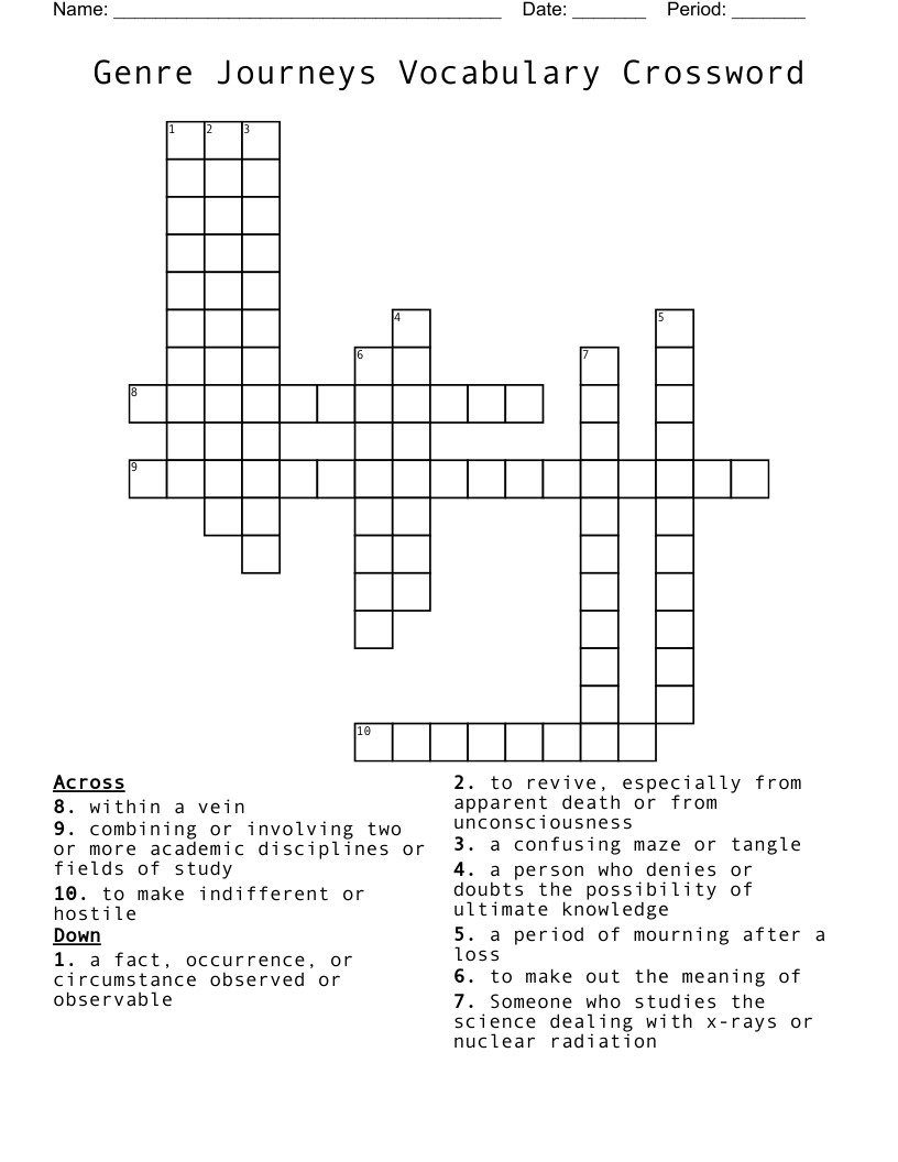 Genre Journeys Vocabulary Crossword