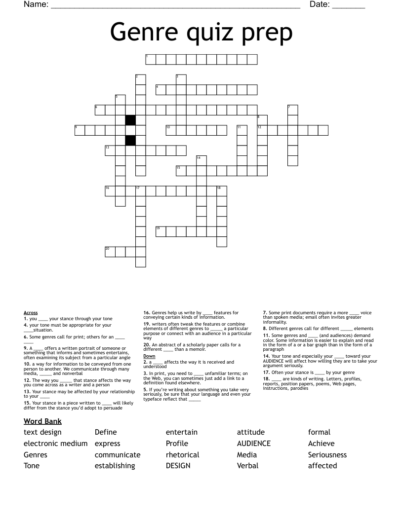 Genre quiz prep Crossword