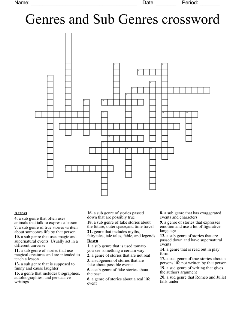 Genres and Sub Genres crossword