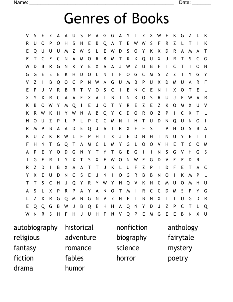 Genres of Books Word Search