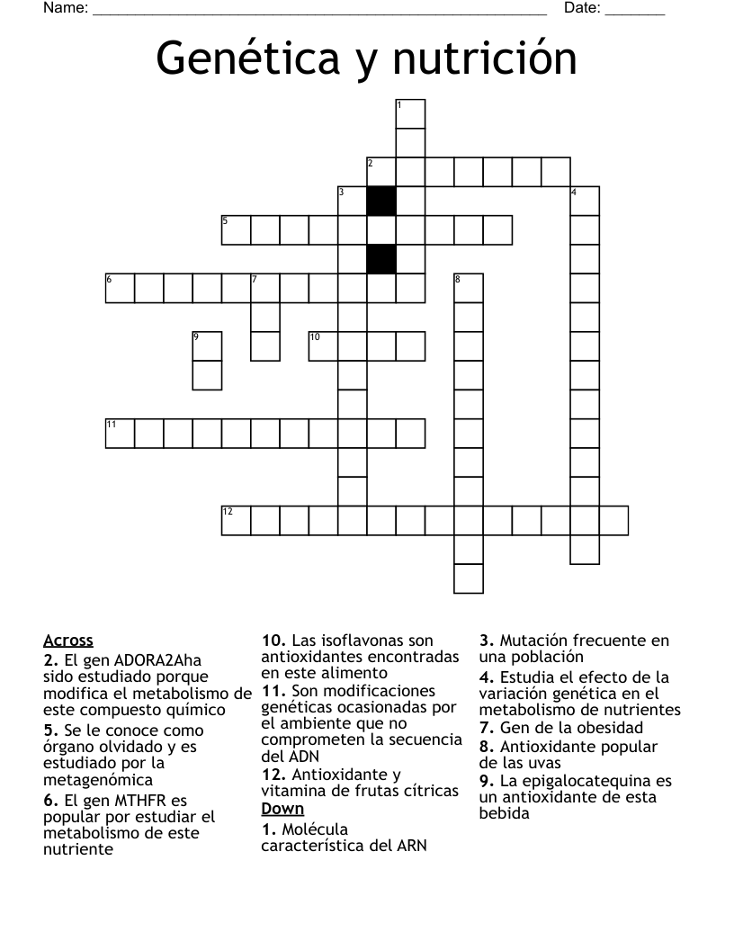 Genética y nutrición Crossword