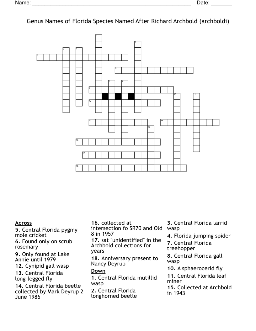 Genus Names of Florida Species Named After Richard Archbold (archboldi) Crossword