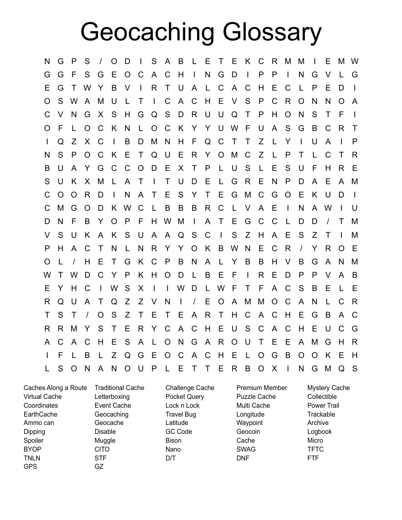 Geocaching Glossary Word Search