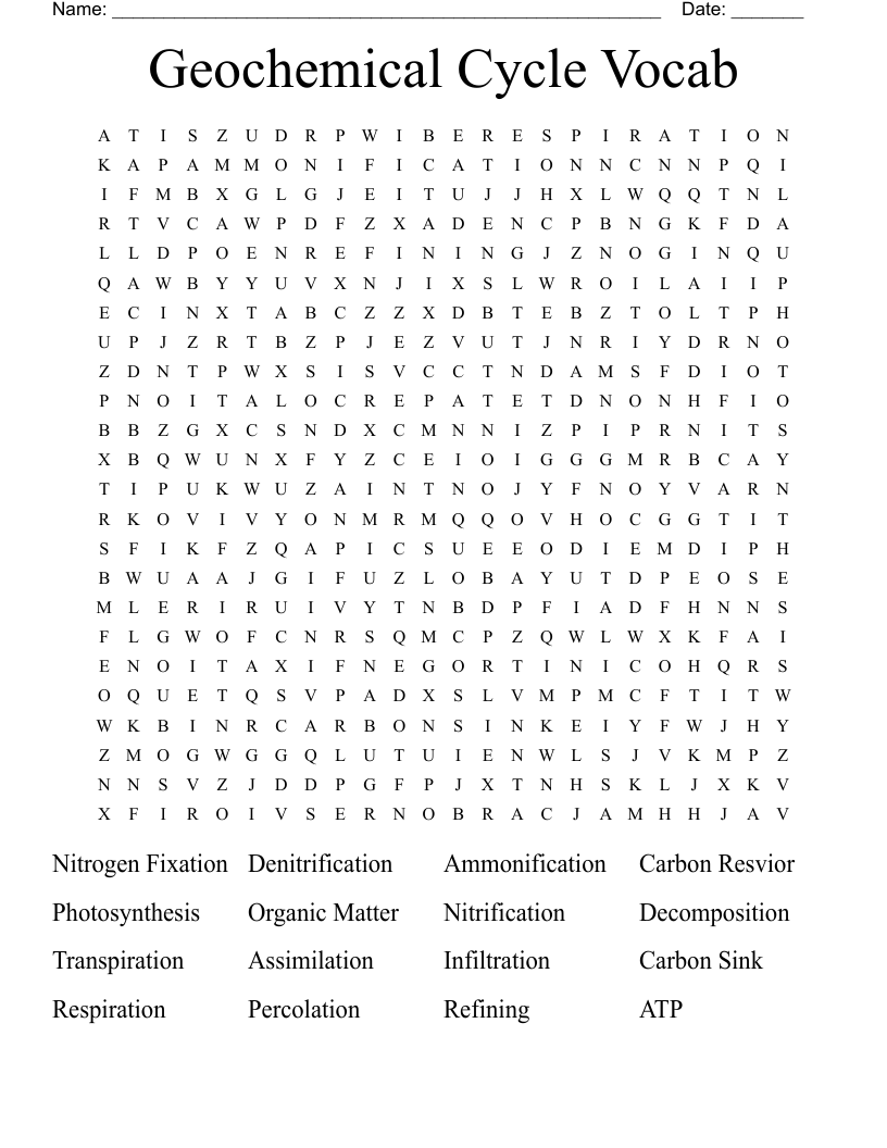 Geochemical Cycle Vocab Word Search