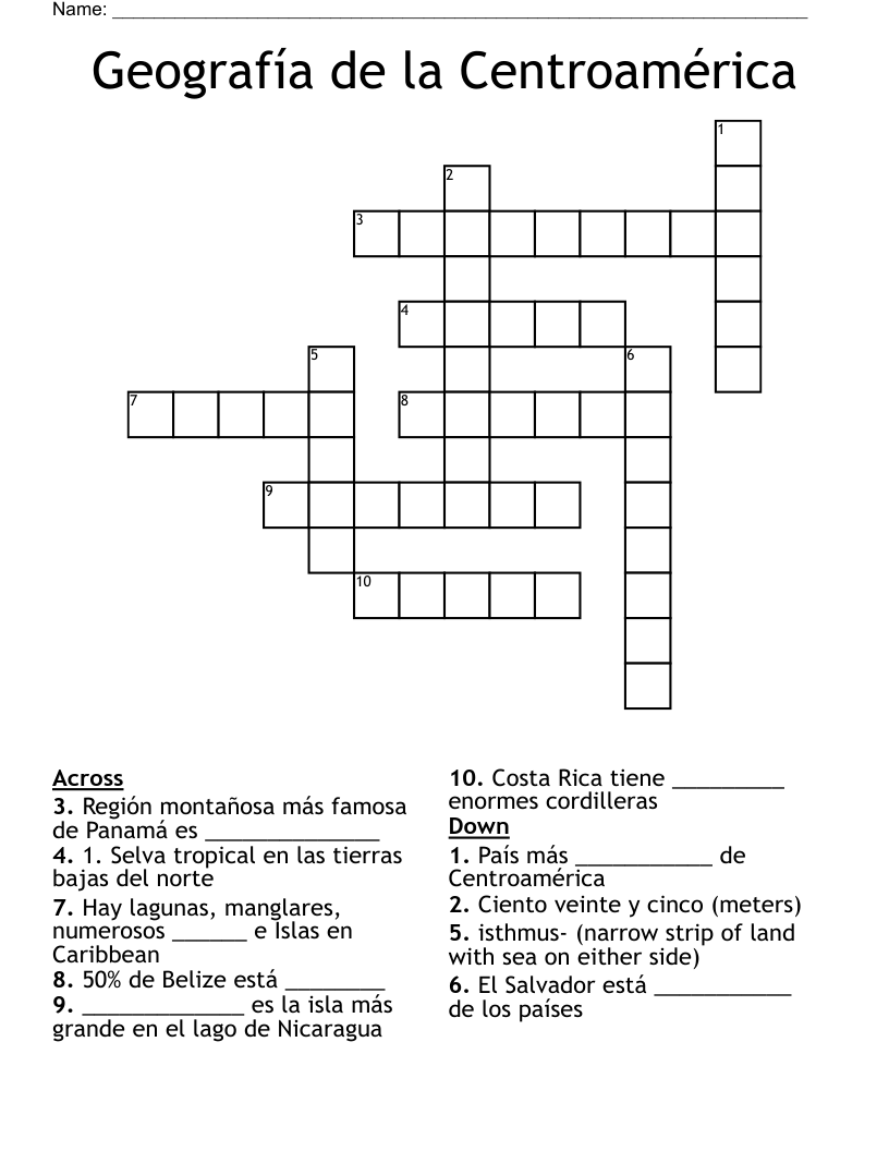 Geografía de la Centroamérica Crossword