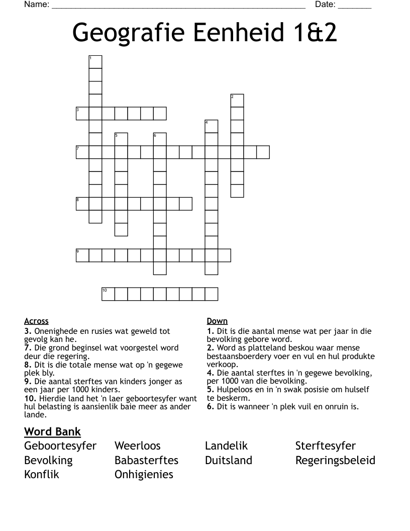 Geografie Eenheid 1&2 Crossword