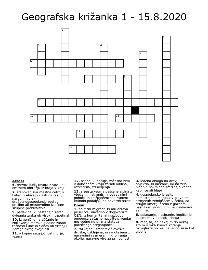Geografska križanka 1 - 15.8.2020 Crossword