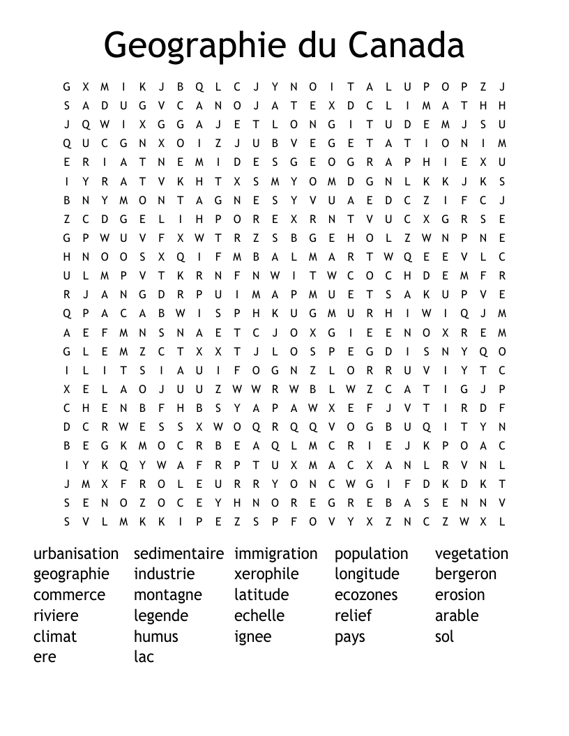 Geographie du Canada Word Search