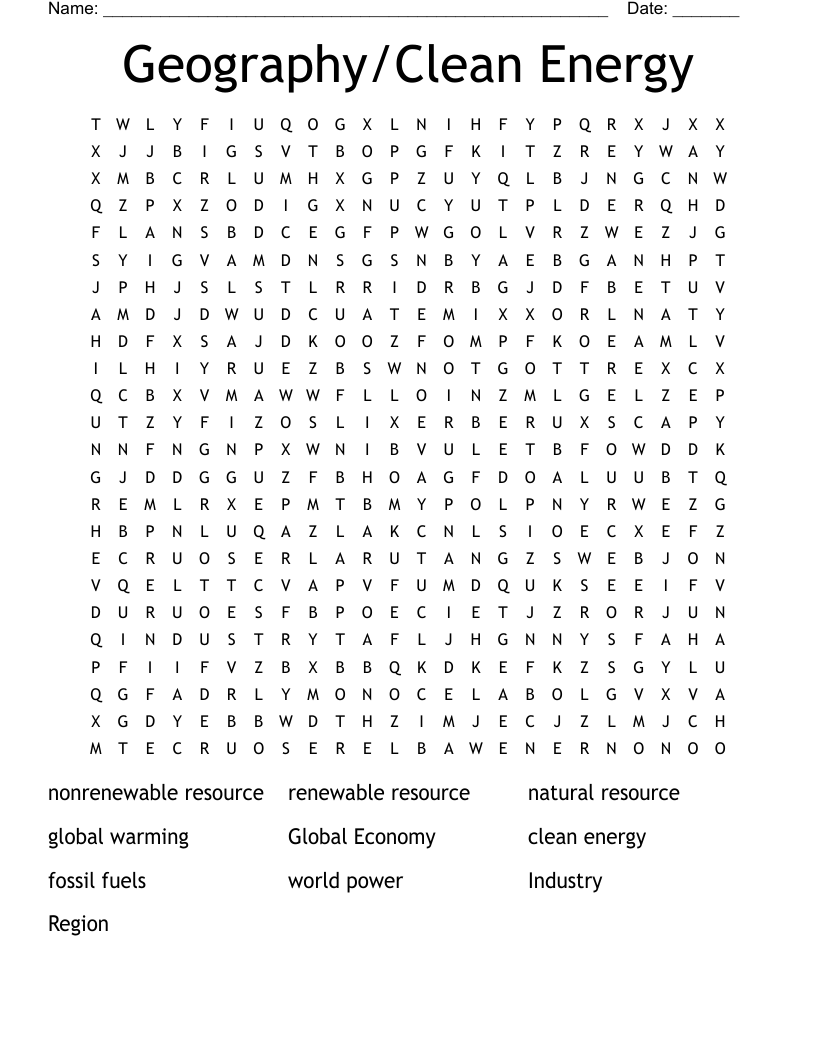 Geography/Clean Energy  Word Search