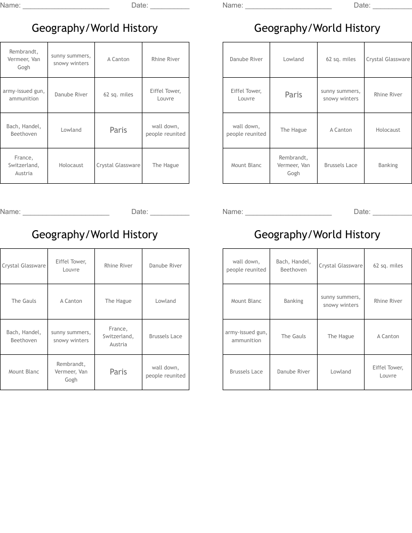 Geography/World History Bingo Cards