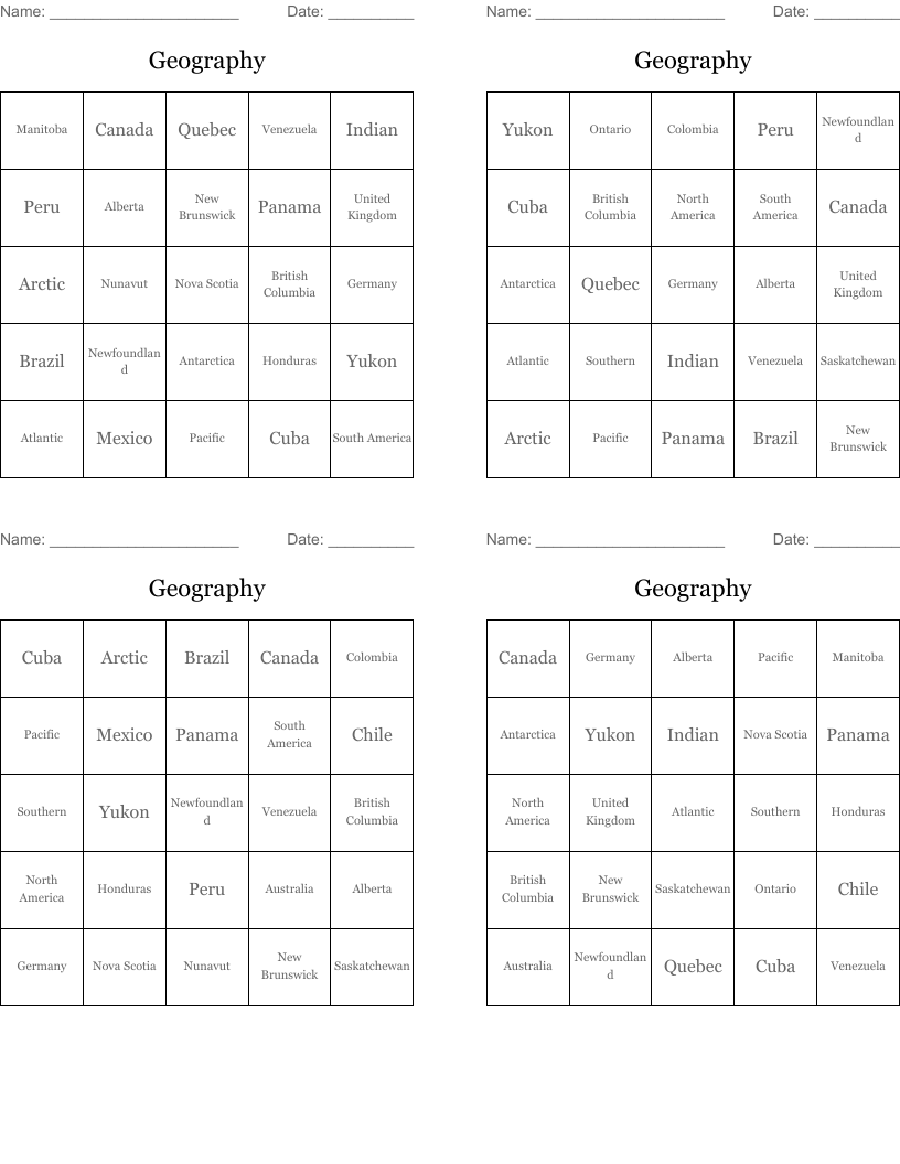 Geography Bingo Cards