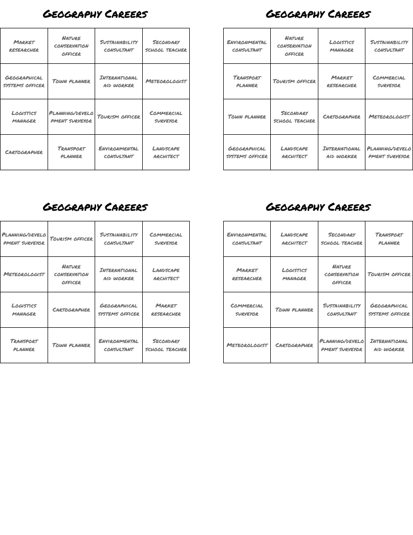 Geography Careers Bingo Cards