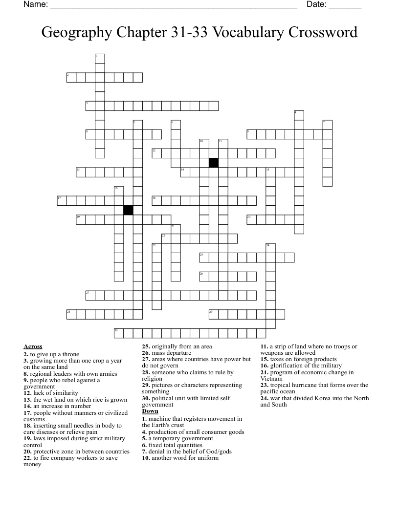 Geography Chapter 31-33 Vocabulary Crossword