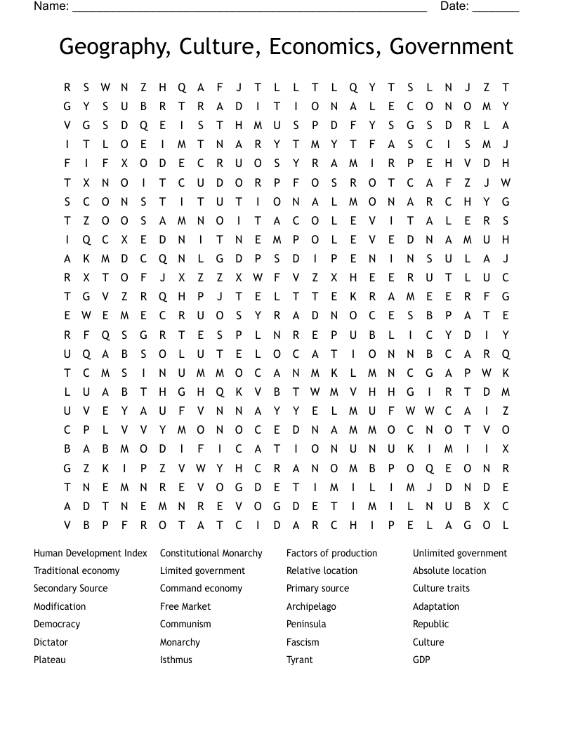 Geography, Culture, Economics, Government Word Search
