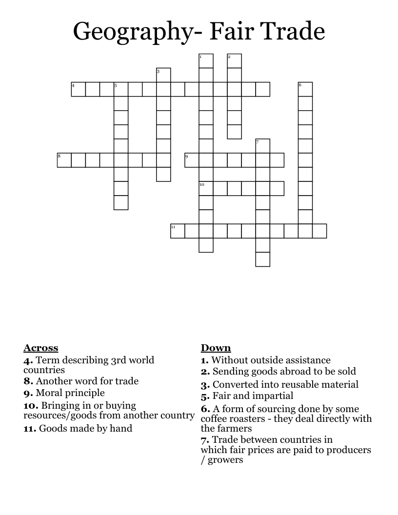 Geography- Fair Trade Crossword