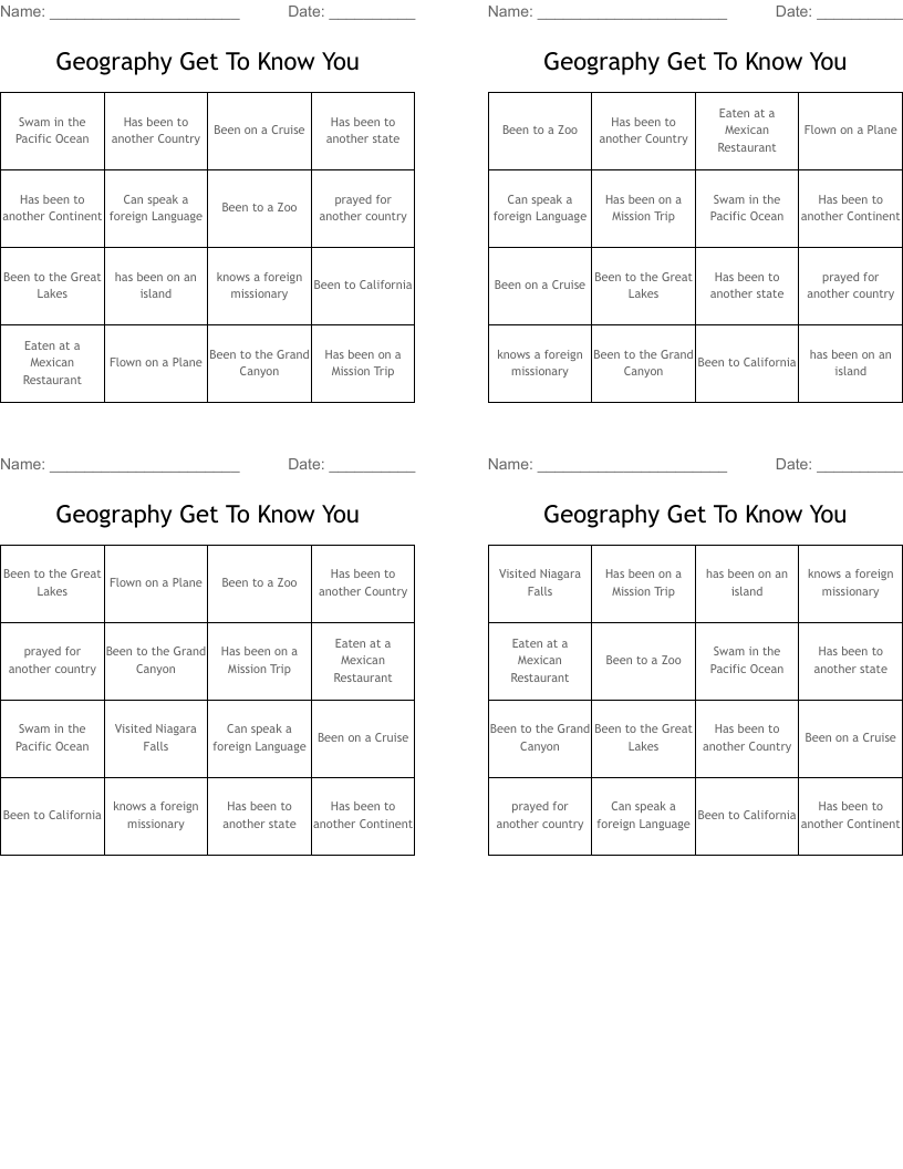 Geography Get To Know You  Bingo Cards