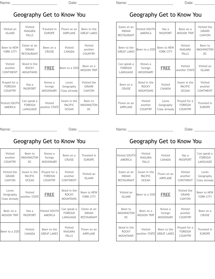 Geography Get to Know You  Bingo Cards