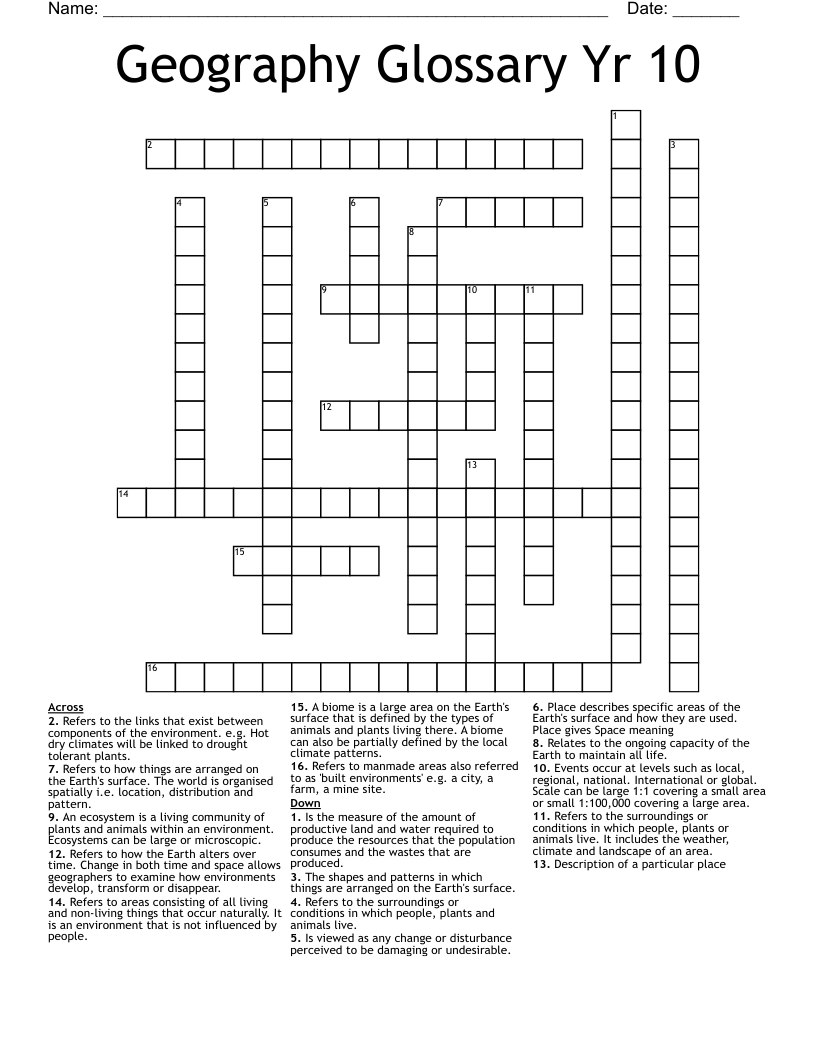Geography Glossary Yr 10 Crossword