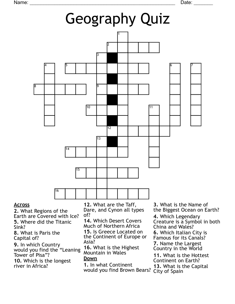 Geography Quiz Crossword