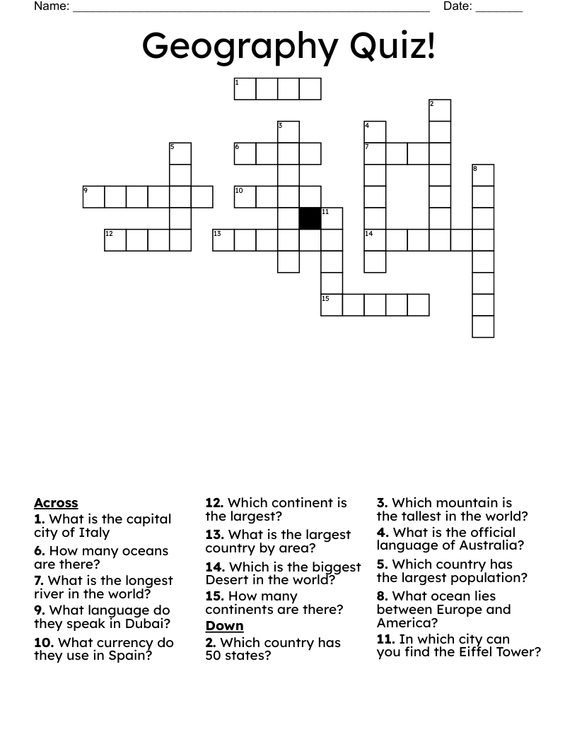 Geography Quiz! Crossword
