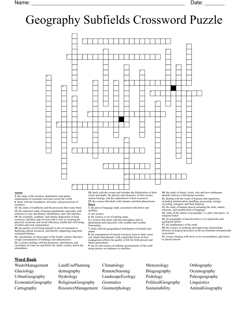 Geography Subfields Crossword Puzzle