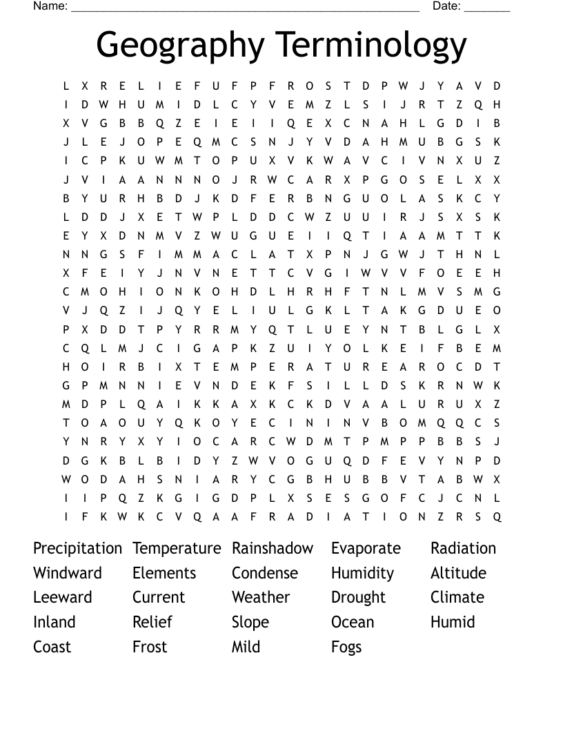 Geography Terminology Word Search