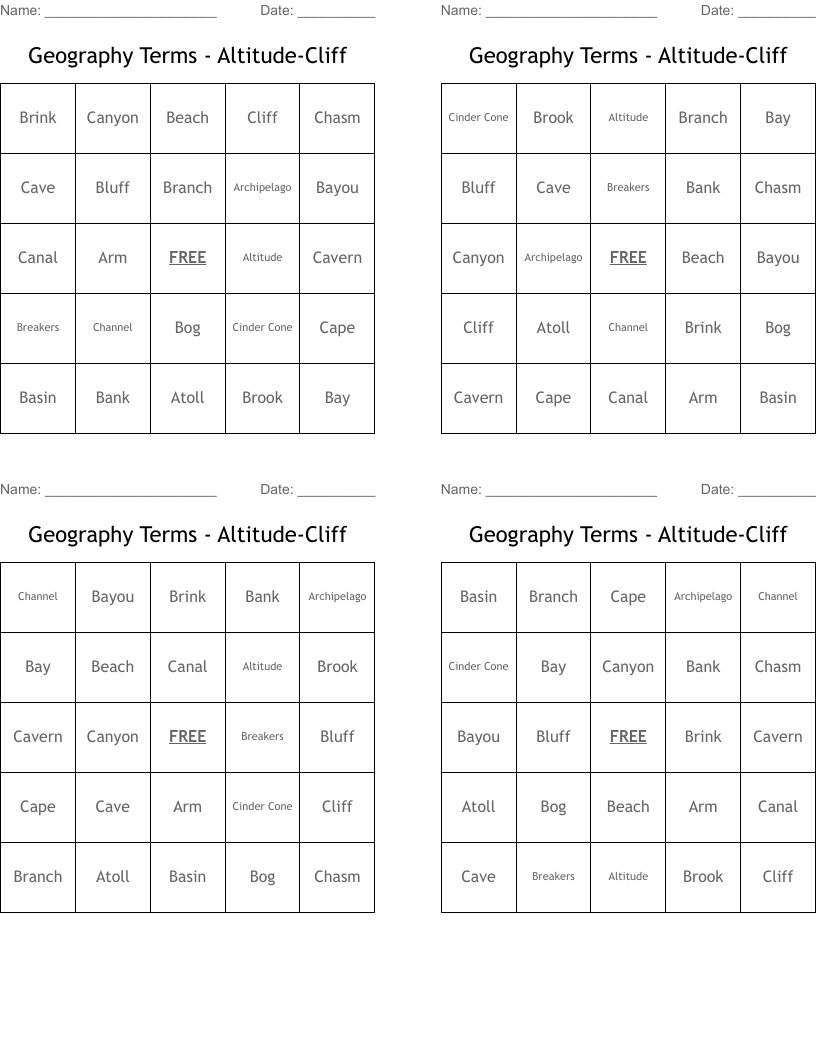 Geography Terms - Altitude-Cliff Bingo Cards