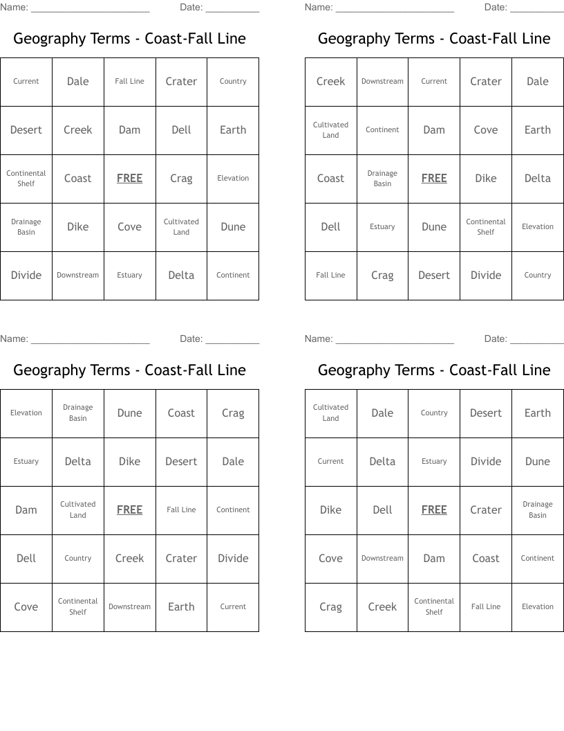 Geography Terms - Coast-Fall Line Bingo Cards