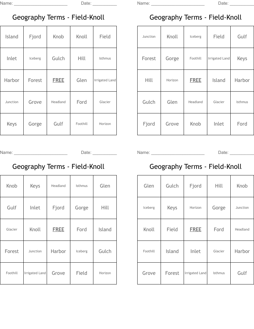 Geography Terms - Field-Knoll Bingo Cards