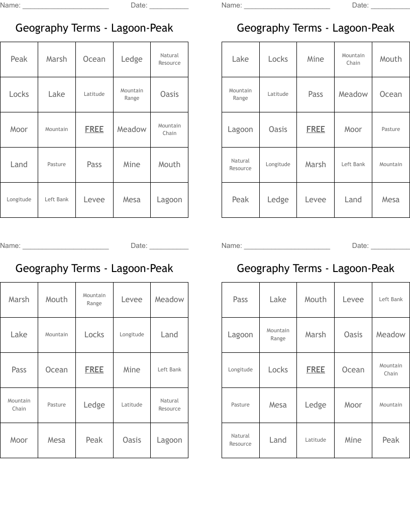 Geography Terms - Lagoon-Peak Bingo Cards