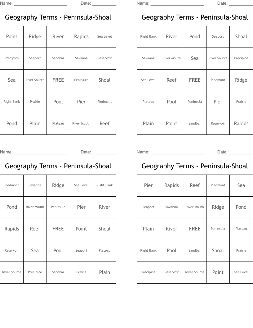 Geography Terms - Peninsula-Shoal Bingo Cards