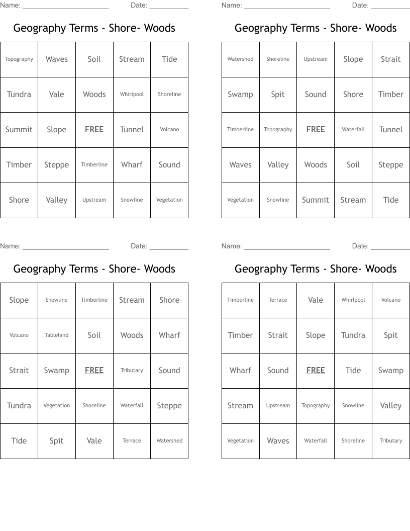 Geography Terms - Shore- Woods Bingo Cards