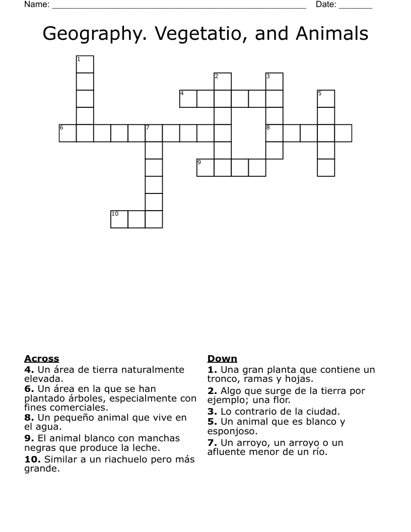 Geography. Vegetatio, and Animals Crossword