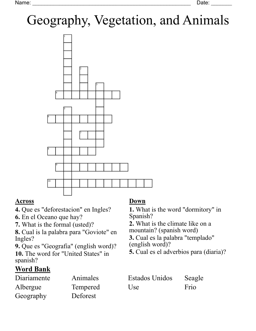 Geography, Vegetation, and Animals Crossword