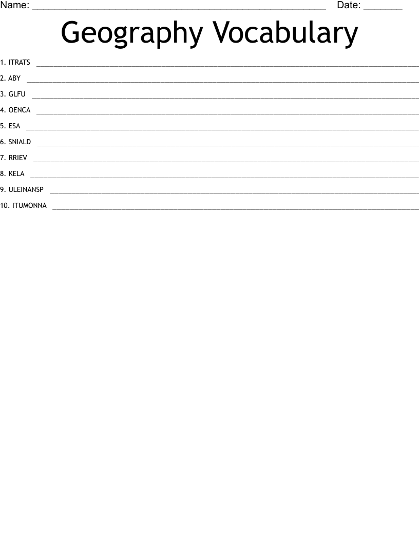 Geography Vocabulary Word Scramble