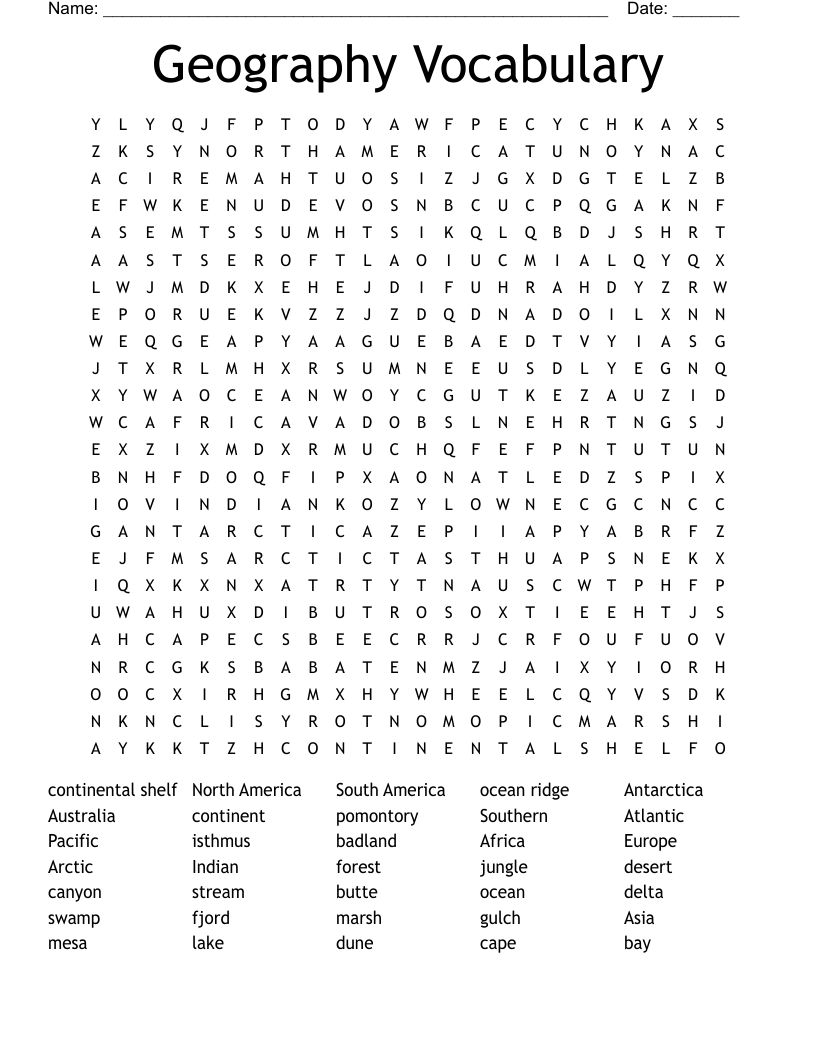 Geography Vocabulary Word Search