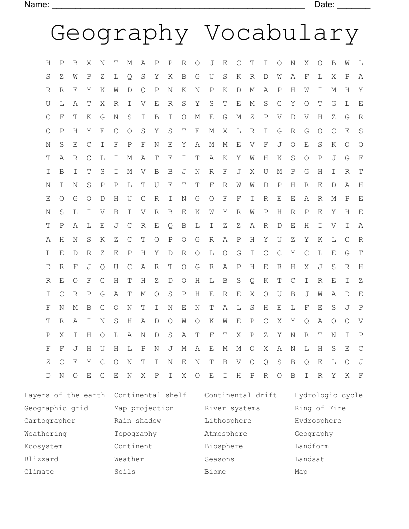 Geography Vocabulary Word Search