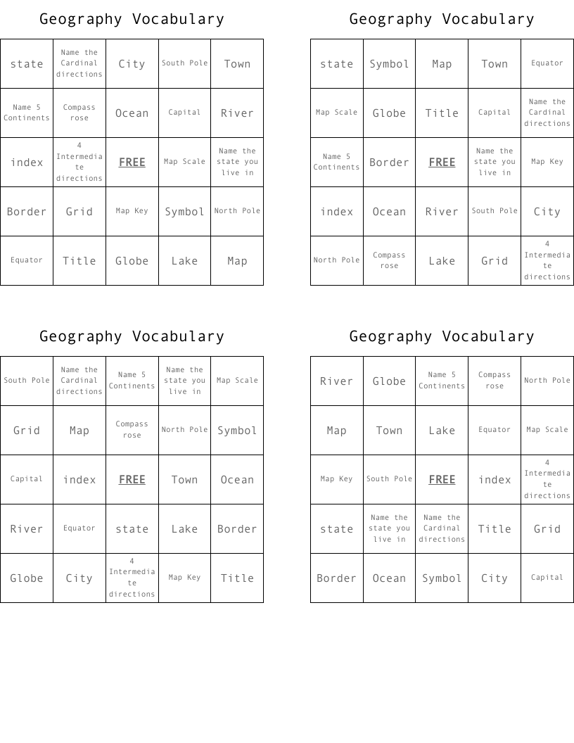 Geography Vocabulary Bingo Cards