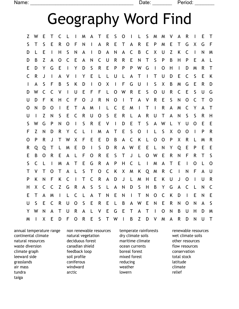 Geography Word Find Word Search