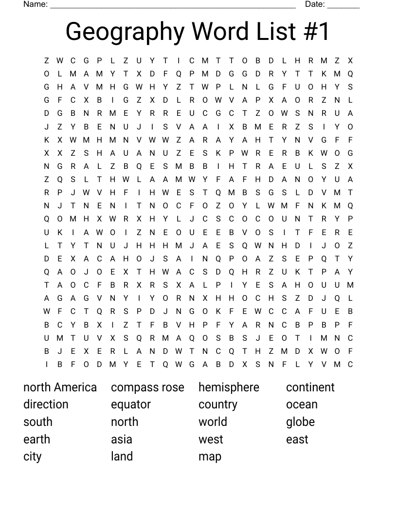 Geography Word List #1 Word Search
