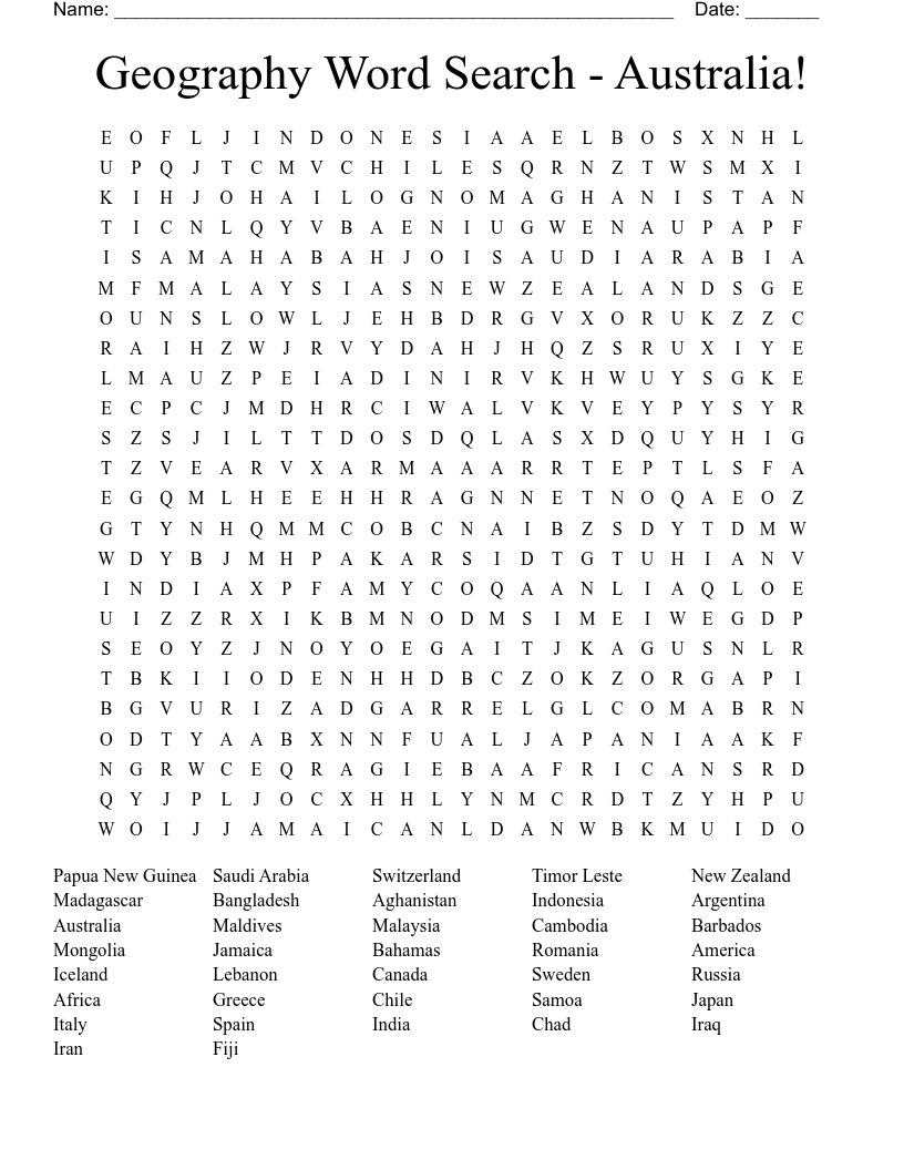 Geography Word Search - Australia!