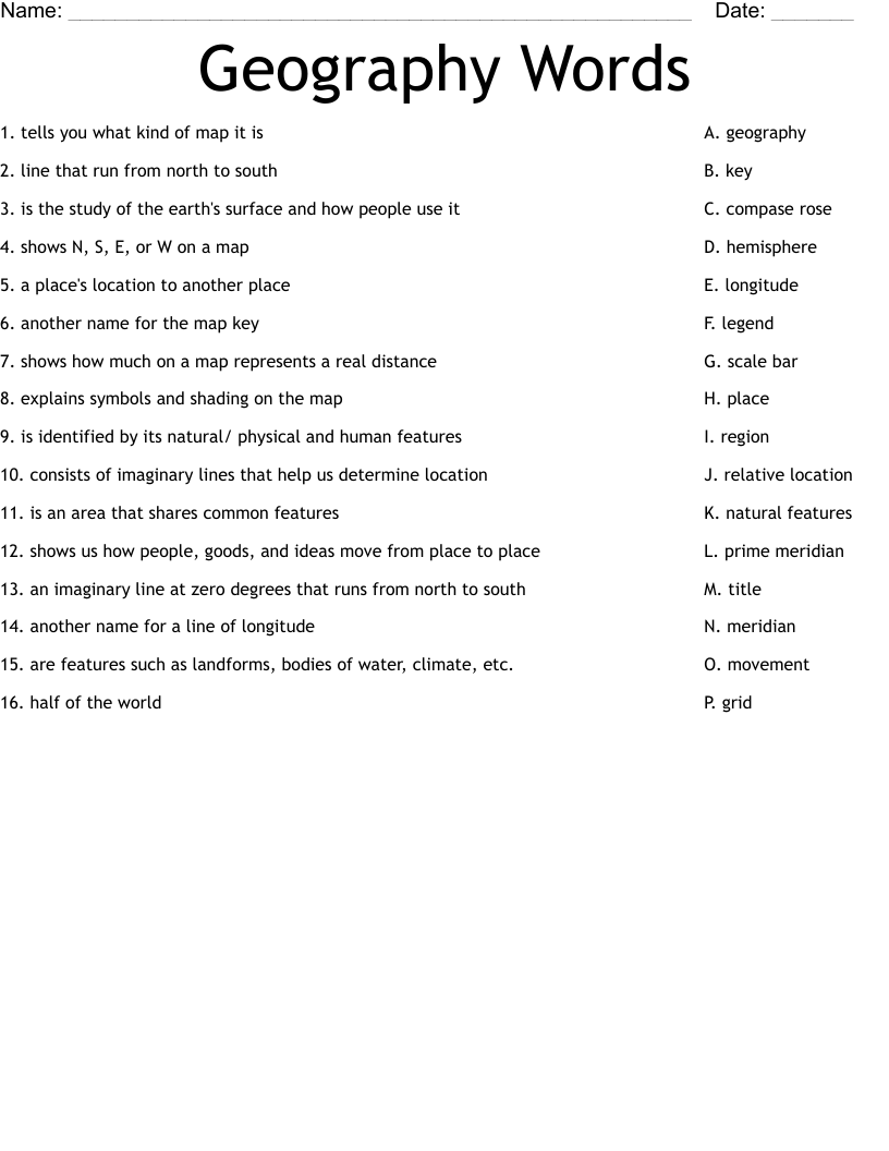 Geography Words Worksheet