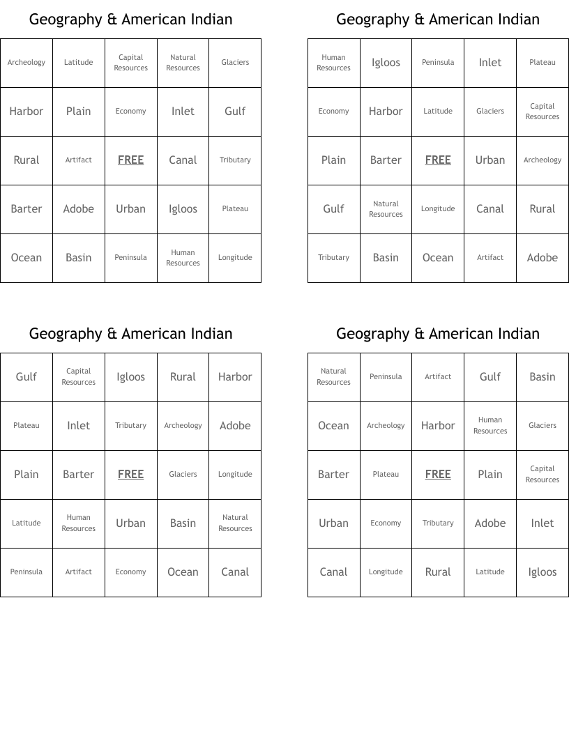 Geography & American Indian  Bingo Cards