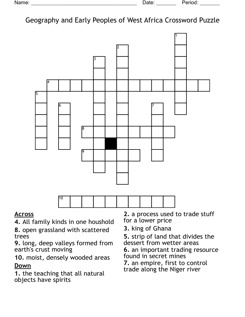 Geography and Early Peoples of West Africa Crossword Puzzle
