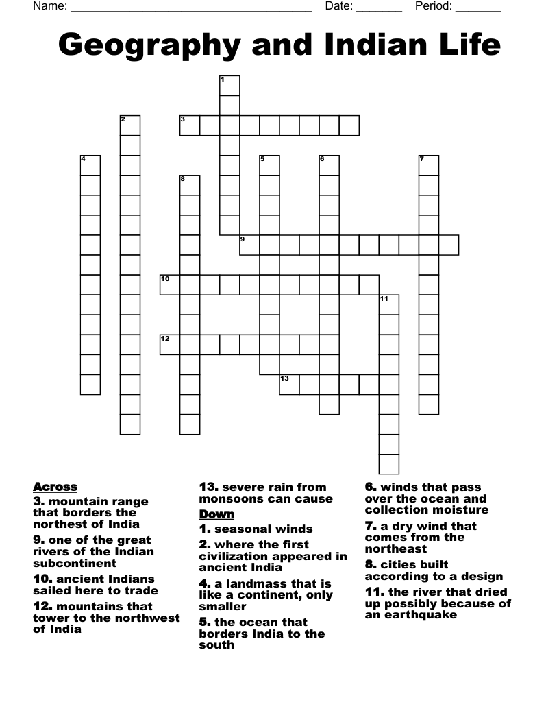 Geography and Indian Life Crossword