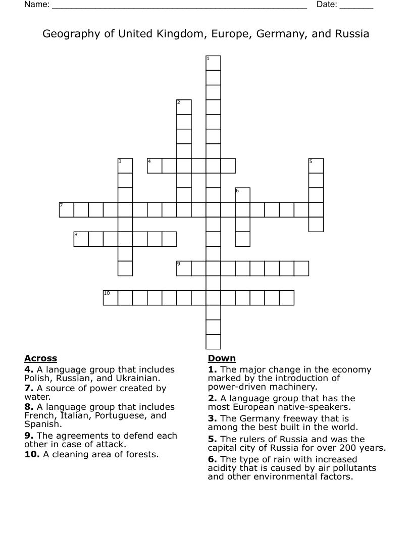 Geography of United Kingdom, Europe, Germany, and Russia Crossword