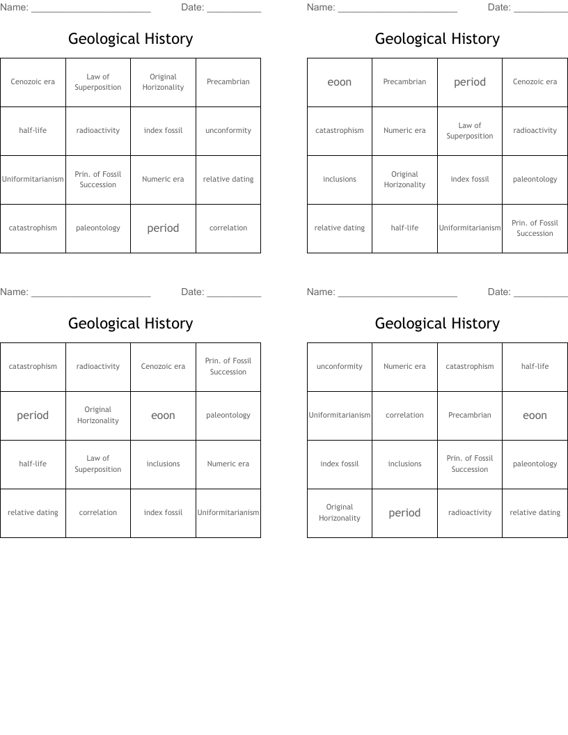 Geological History Bingo Cards