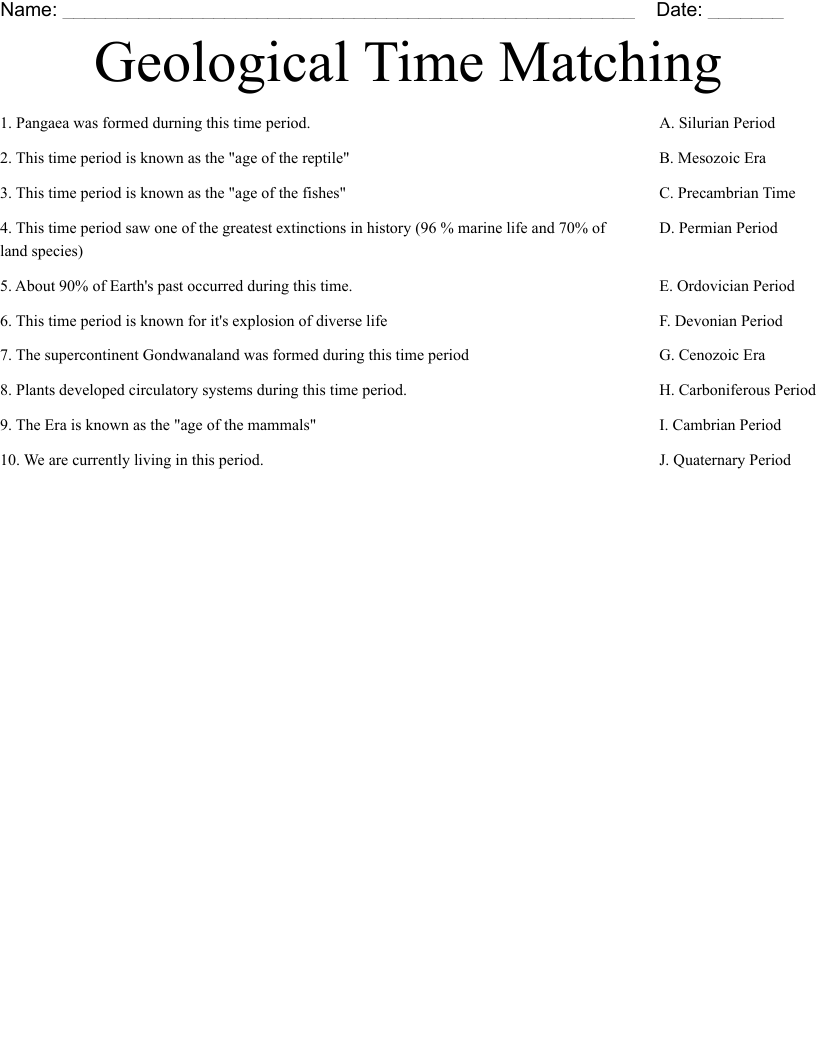 Geological Time Matching  Worksheet