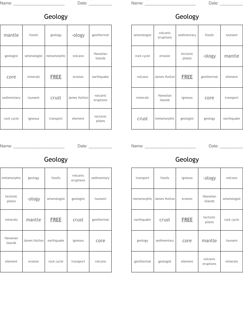 Geology Bingo Cards