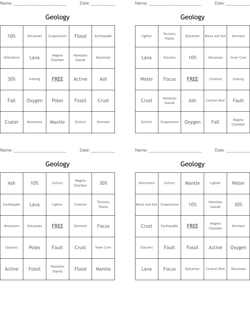 Geology Bingo Cards